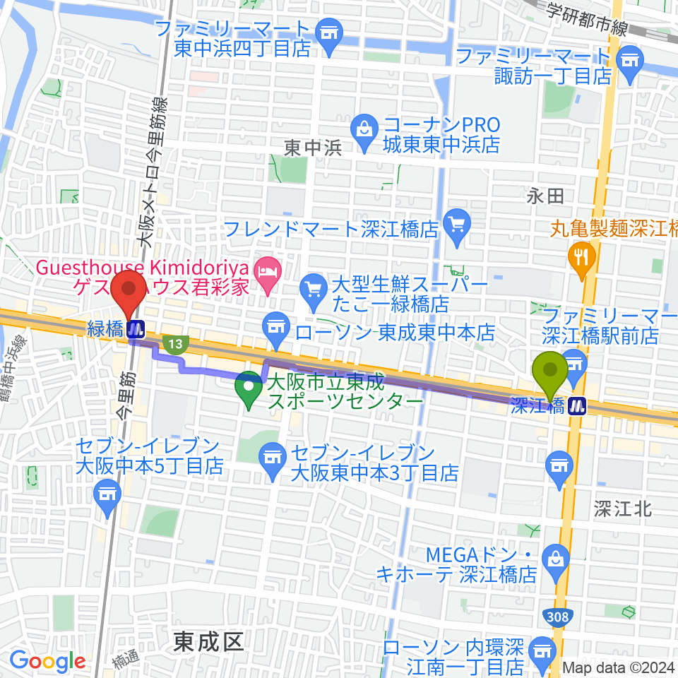 深江橋駅から緑橋 戦国大統領へのルートマップ地図