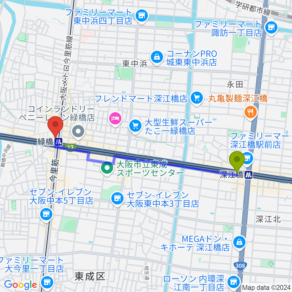 深江橋駅から緑橋 戦国大統領へのルートマップ地図