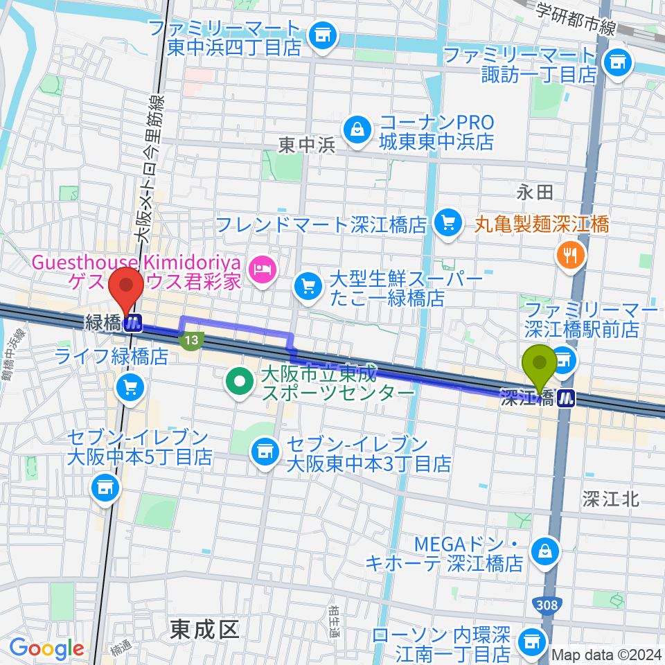 深江橋駅から大阪緑橋 戦国大統領へのルートマップ地図