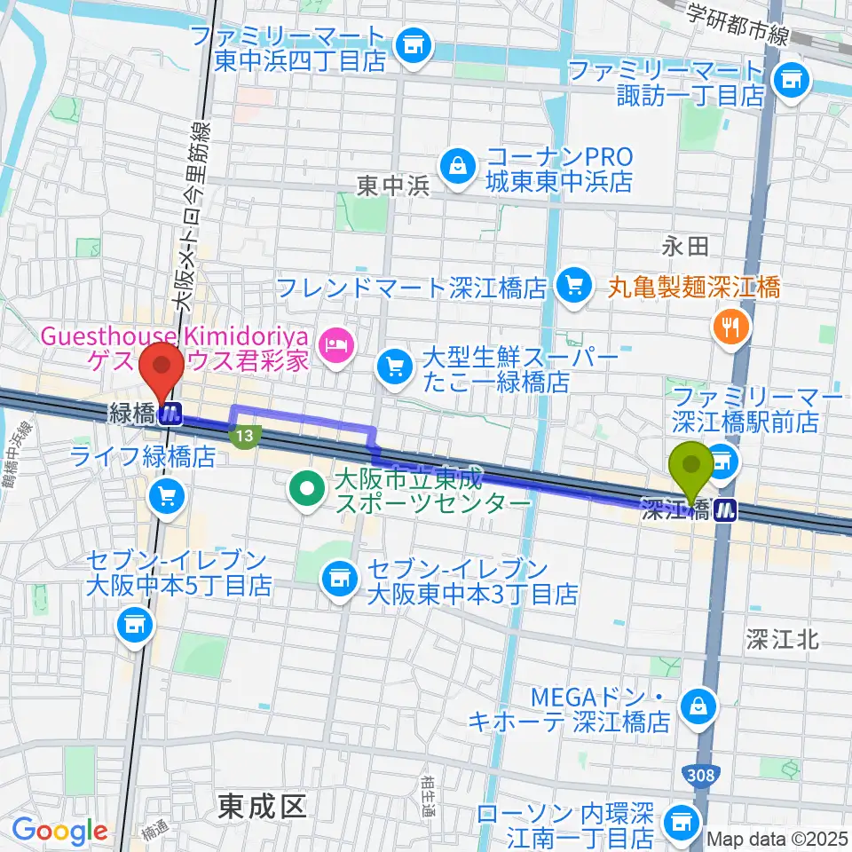 深江橋駅から大阪緑橋 戦国大統領へのルートマップ地図