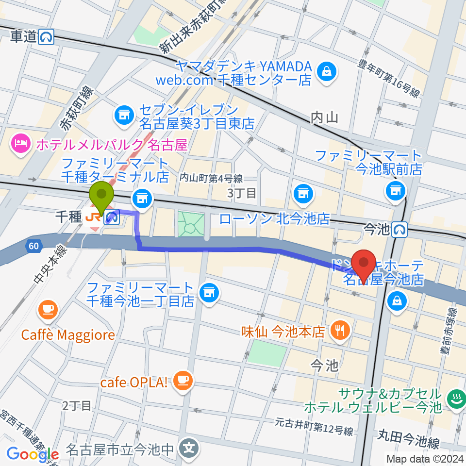 千種駅から今池ガスホールへのルートマップ地図