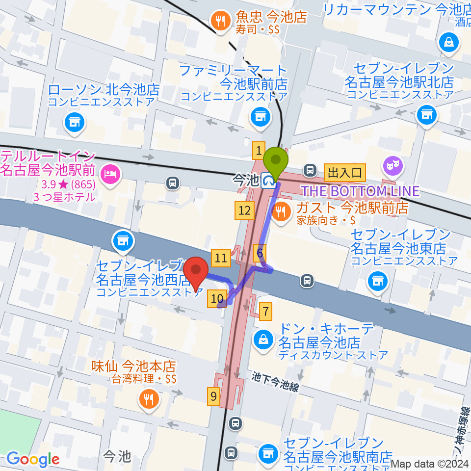 今池ガスホールの最寄駅今池駅からの徒歩ルート（約2分）地図