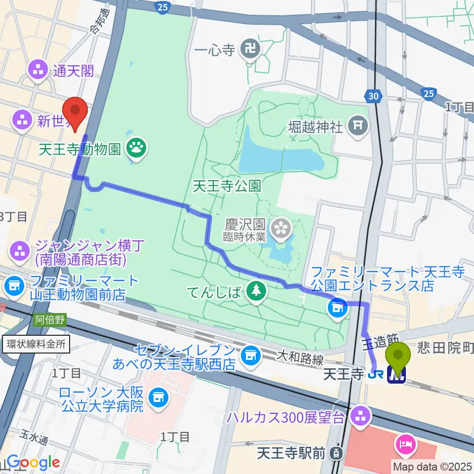 天王寺駅から新世界ZAZAへのルートマップ地図