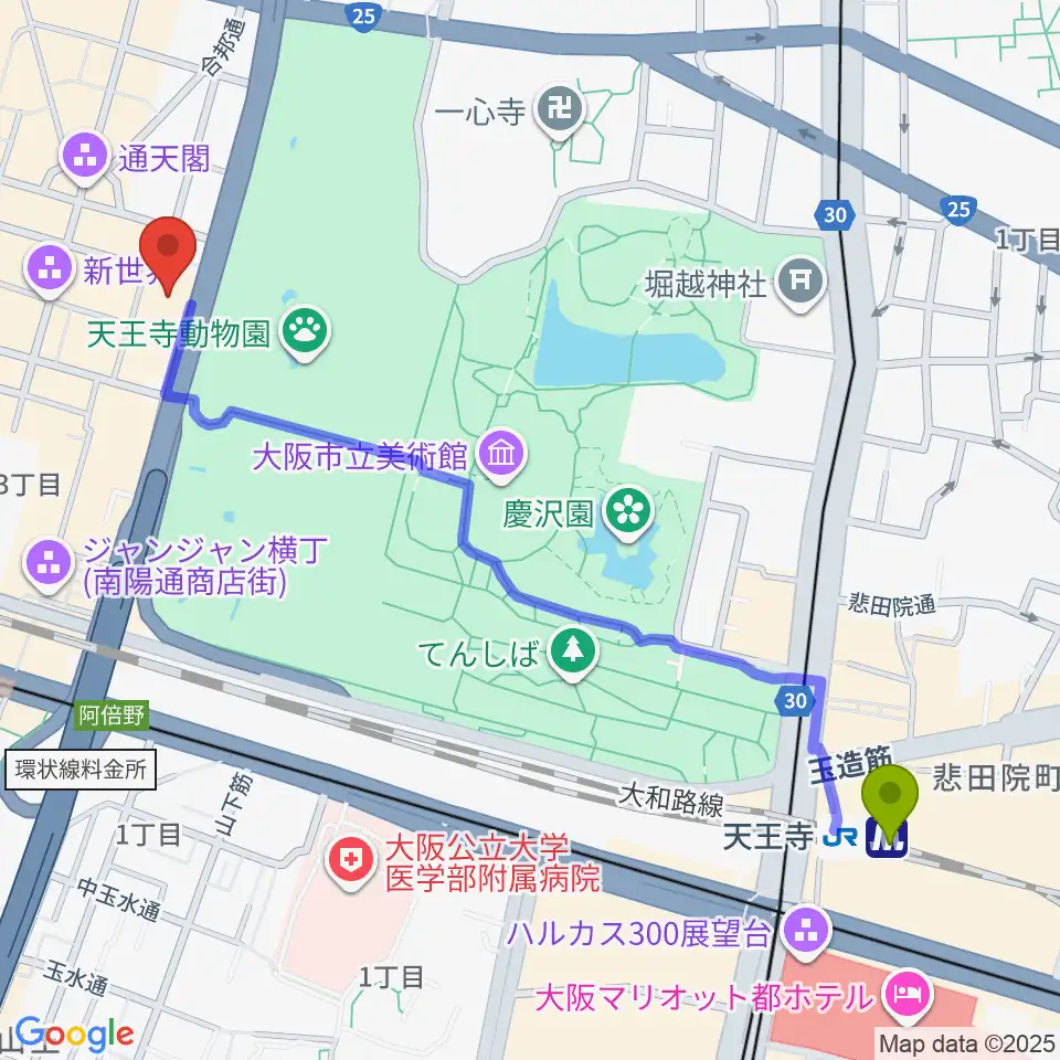 天王寺駅から新世界ZAZAへのルートマップ地図
