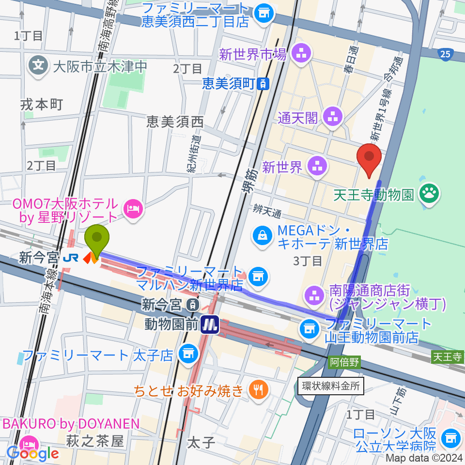 新今宮駅から新世界ZAZAへのルートマップ地図