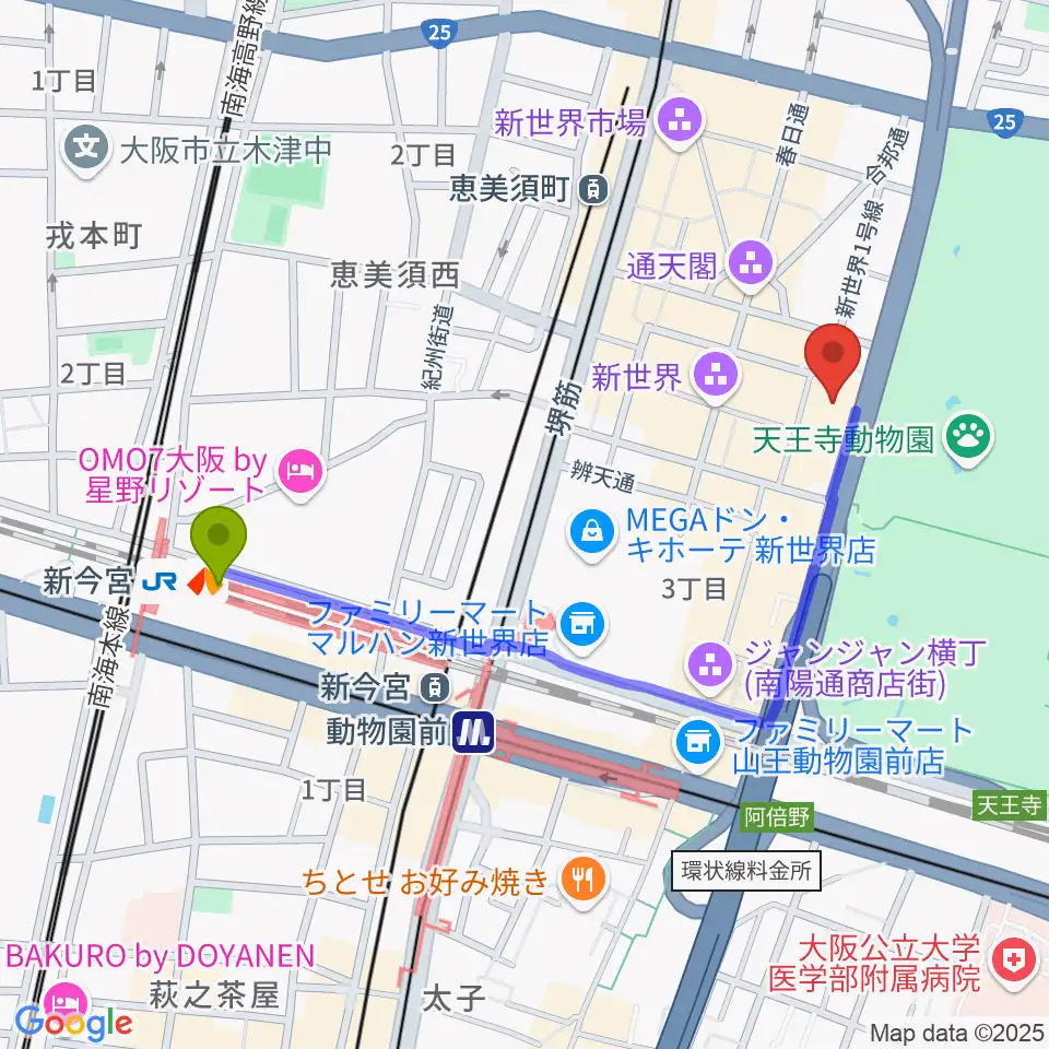 新今宮駅から新世界ZAZAへのルートマップ地図