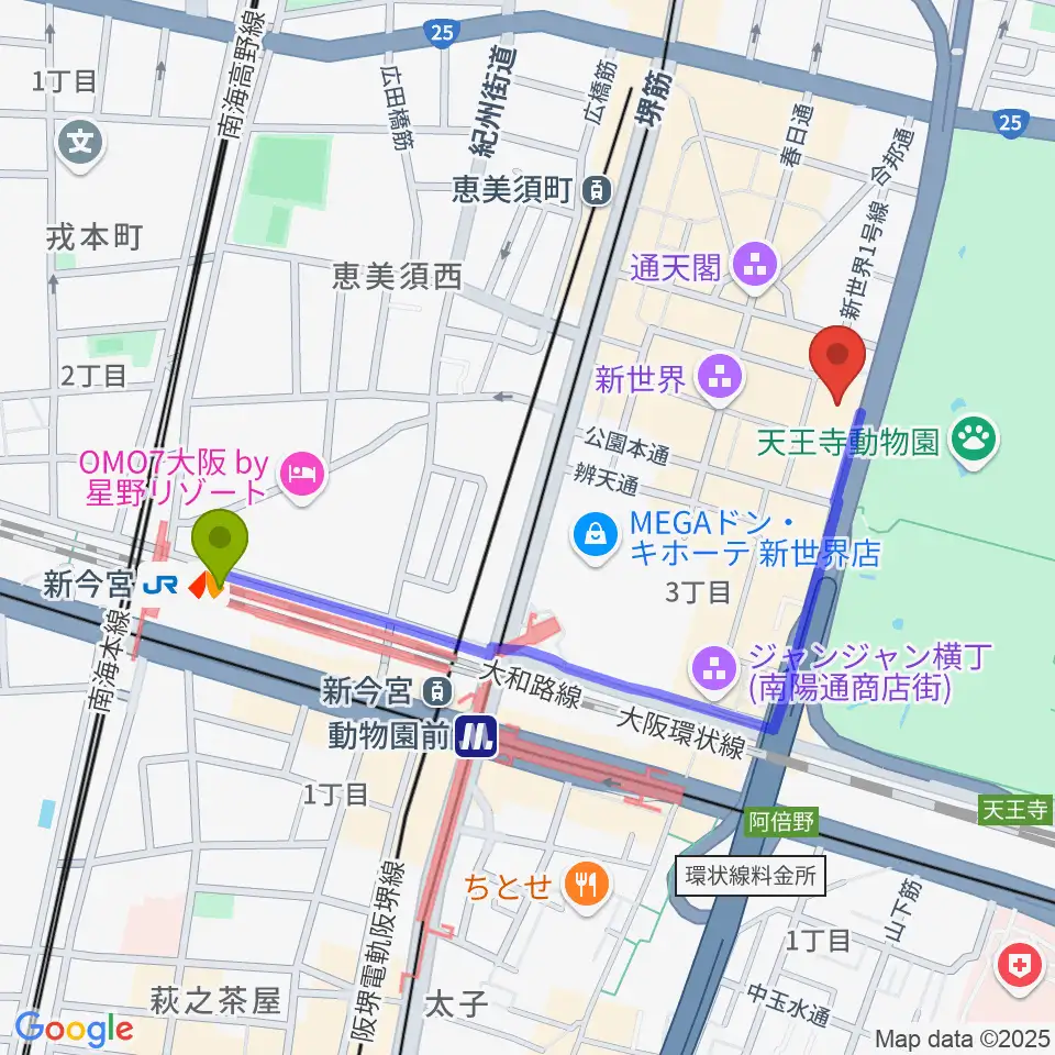 新今宮駅から新世界ZAZAへのルートマップ地図