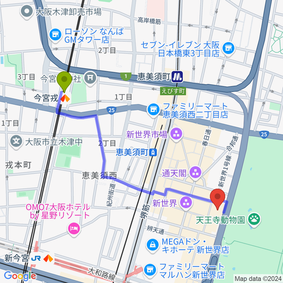 今宮戎駅から新世界ZAZAへのルートマップ地図