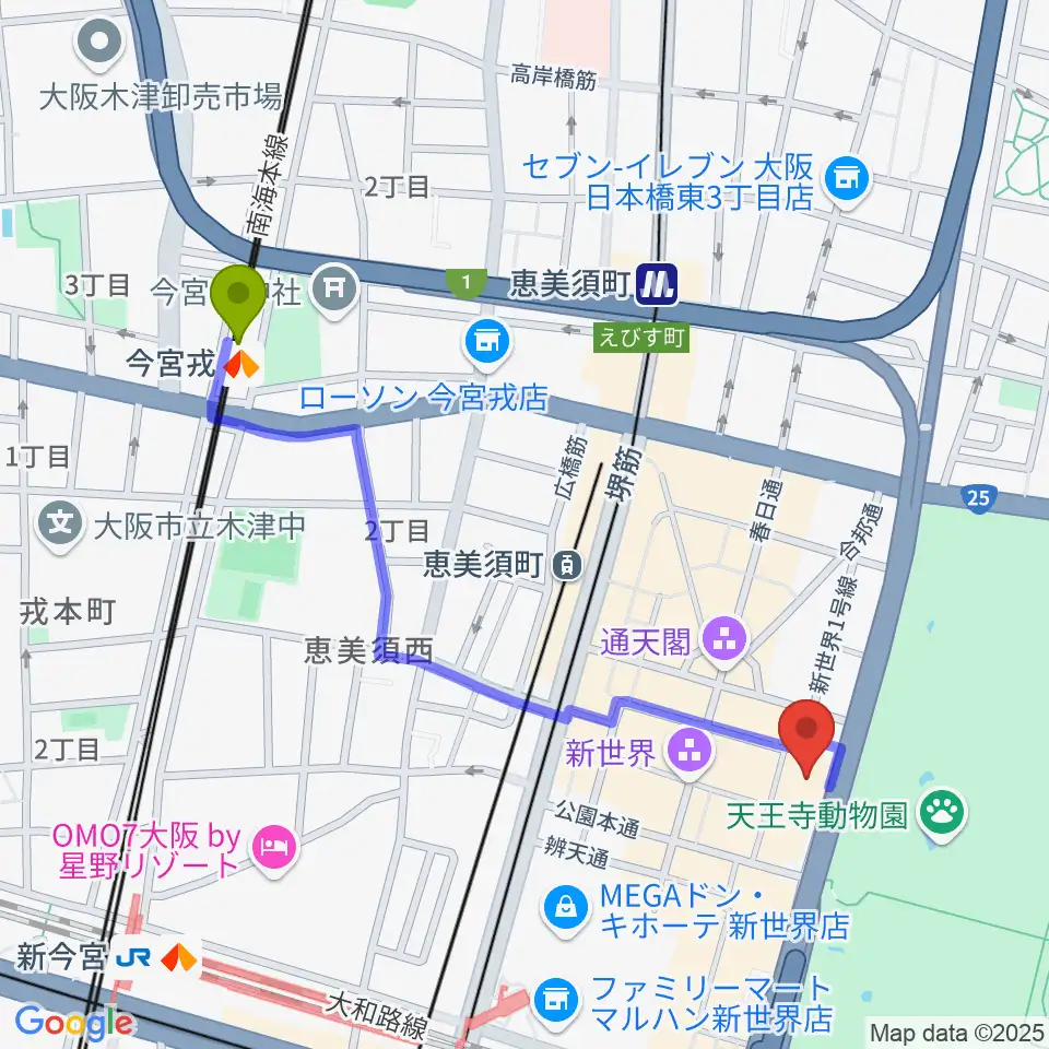 今宮戎駅から新世界ZAZAへのルートマップ地図