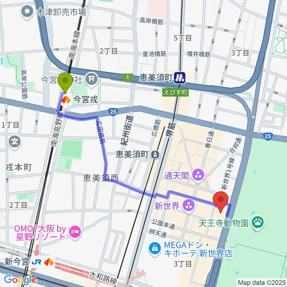 今宮戎駅から新世界ZAZAへのルートマップ地図