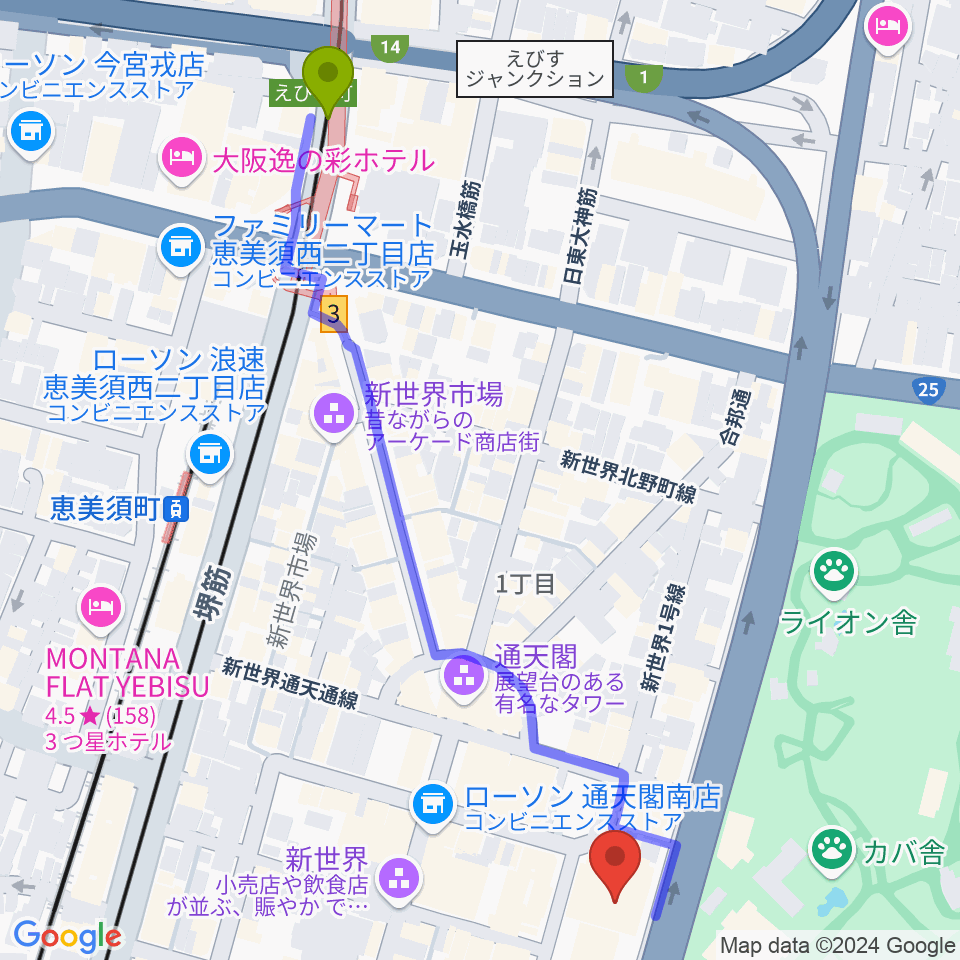 新世界ZAZAの最寄駅恵美須町駅からの徒歩ルート（約7分）地図