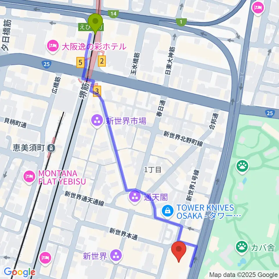 新世界ZAZAの最寄駅恵美須町駅からの徒歩ルート（約7分）地図