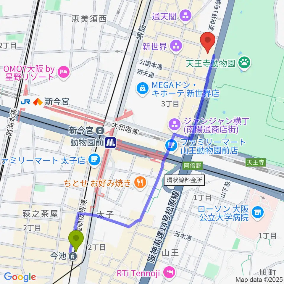 今池駅から新世界ZAZAへのルートマップ地図