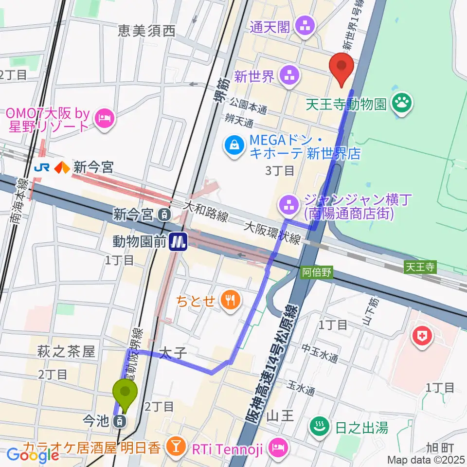 今池駅から新世界ZAZAへのルートマップ地図