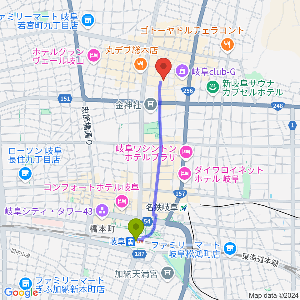 岐阜駅からぎふ葵劇場へのルートマップ地図