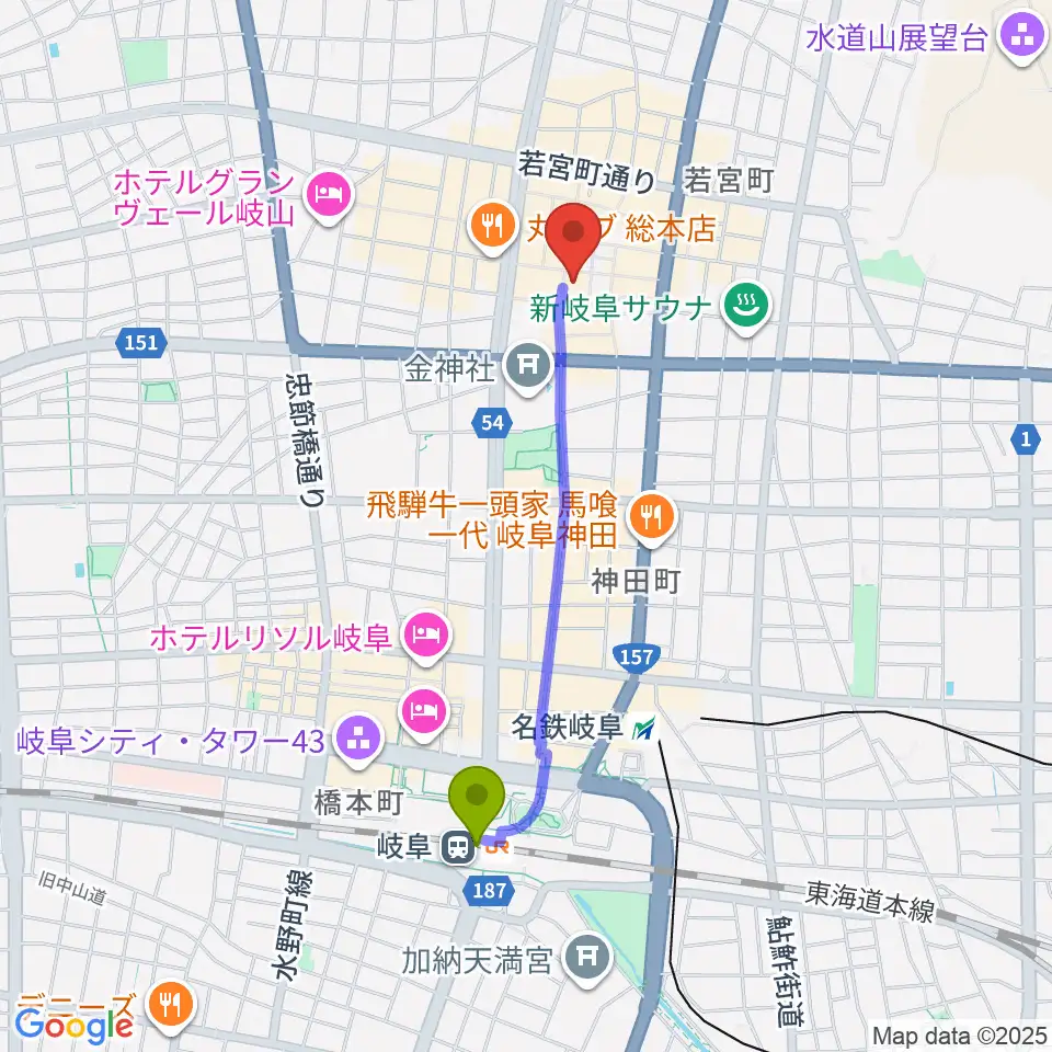 岐阜駅からぎふ葵劇場へのルートマップ地図