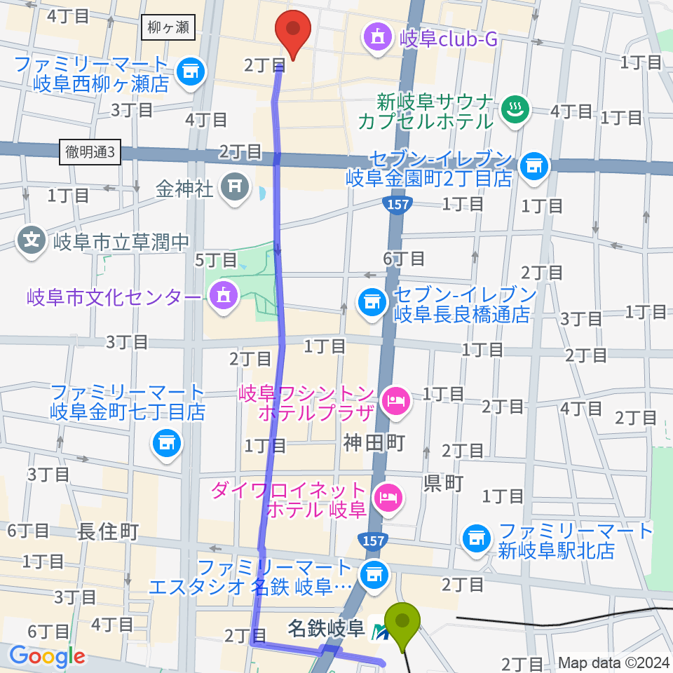 ぎふ葵劇場の最寄駅名鉄岐阜駅からの徒歩ルート（約14分）地図