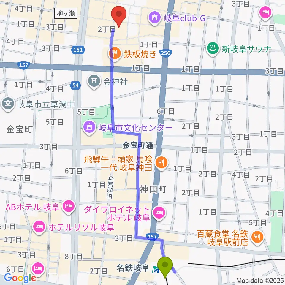 ぎふ葵劇場の最寄駅名鉄岐阜駅からの徒歩ルート（約14分）地図