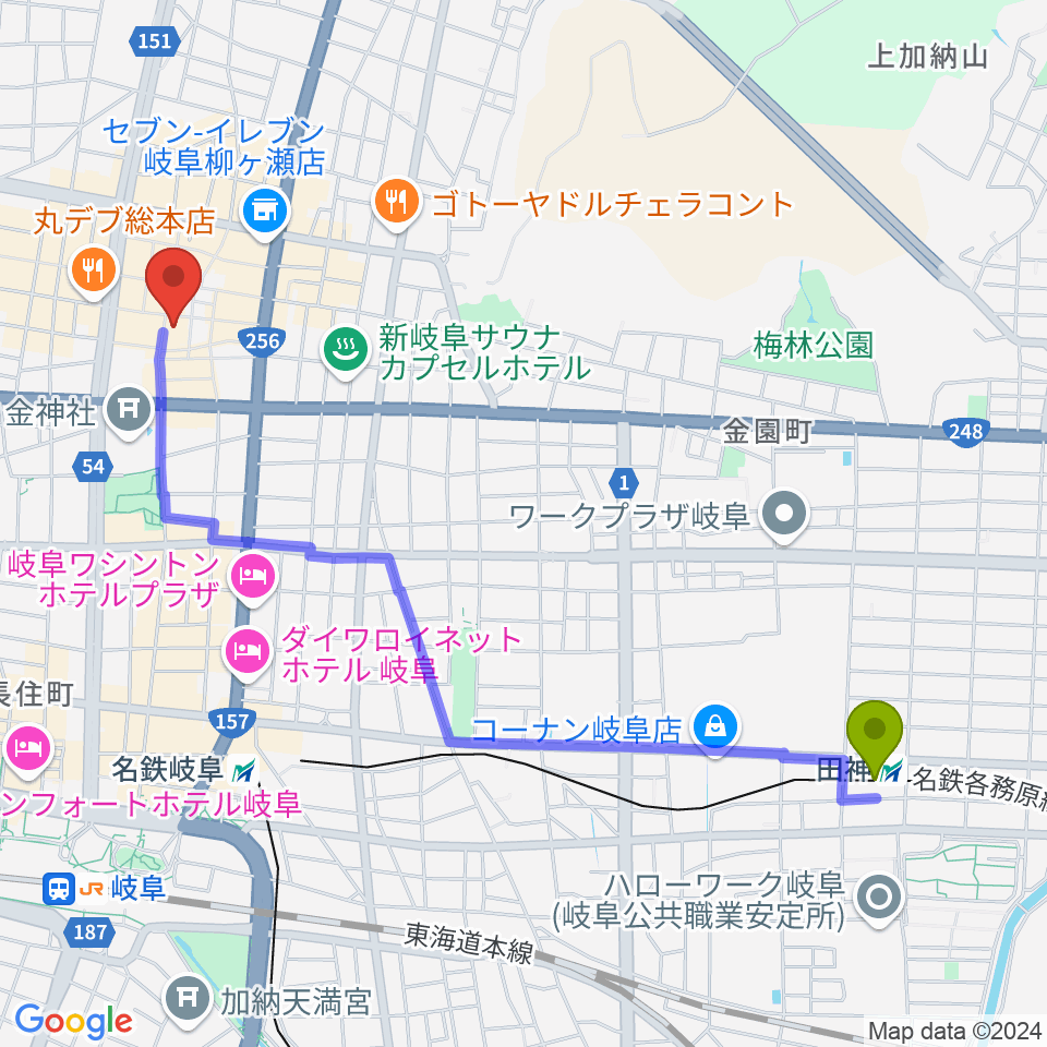 田神駅からぎふ葵劇場へのルートマップ地図