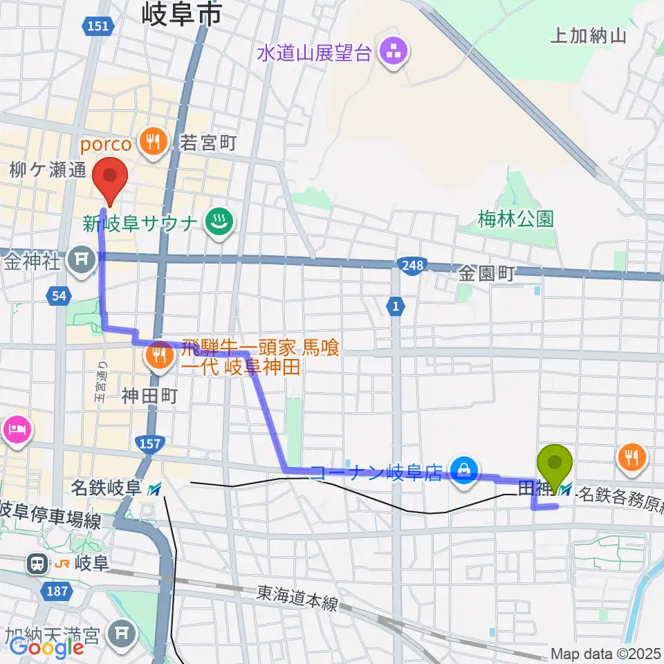 田神駅からぎふ葵劇場へのルートマップ地図