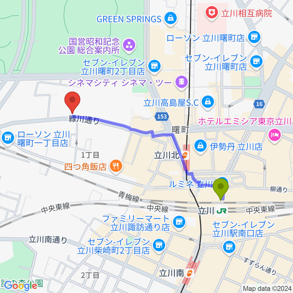 立川駅から立川けやき座へのルートマップ地図