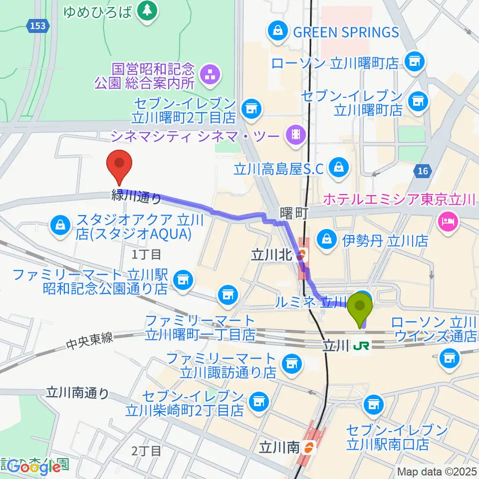 立川駅から立川けやき座へのルートマップ地図