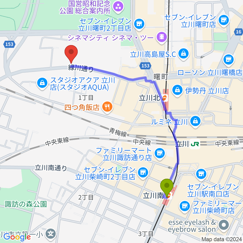 立川南駅から立川けやき座へのルートマップ地図