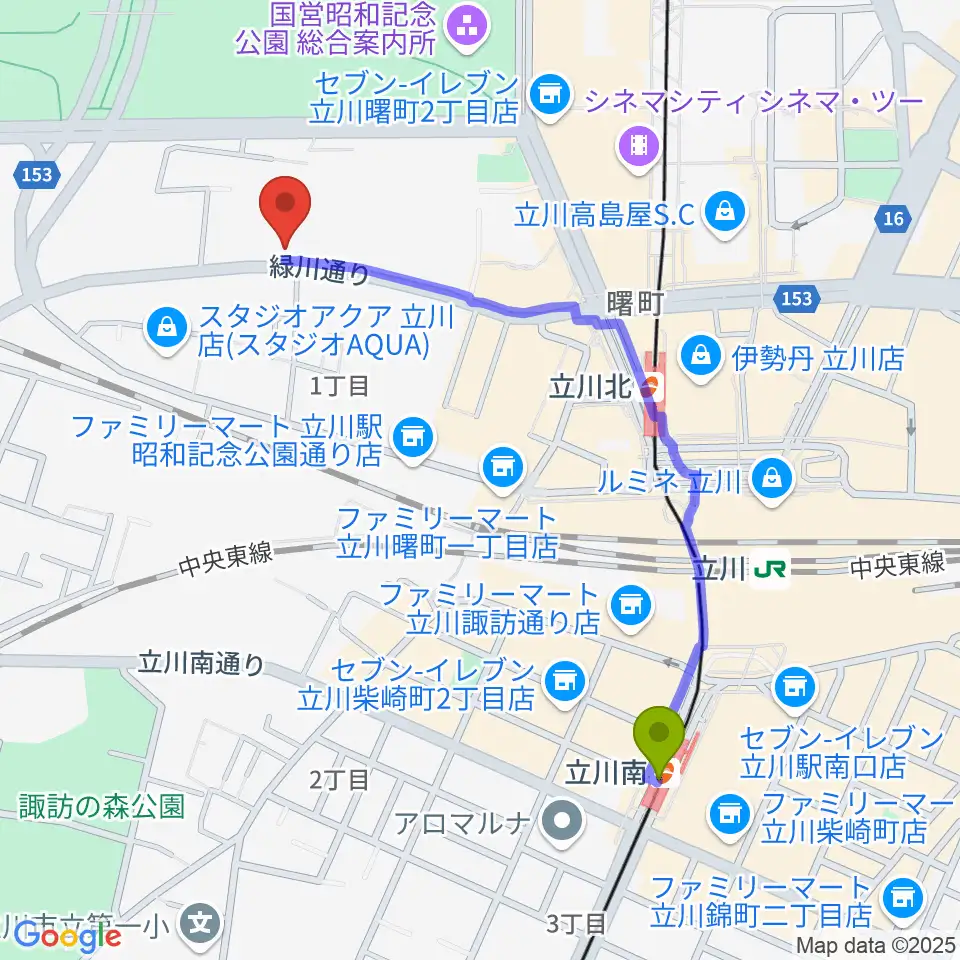 立川南駅から立川けやき座へのルートマップ地図