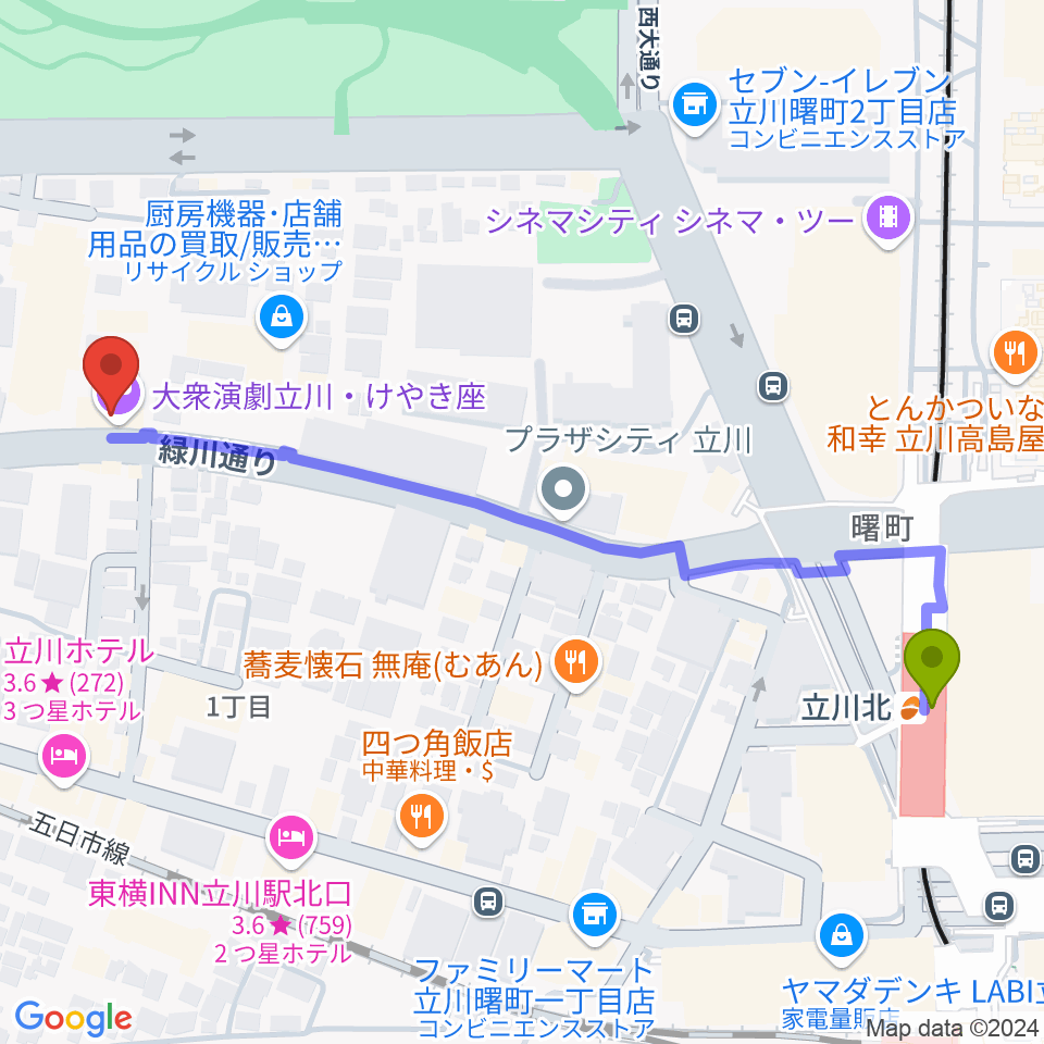 立川けやき座の最寄駅立川北駅からの徒歩ルート（約6分）地図