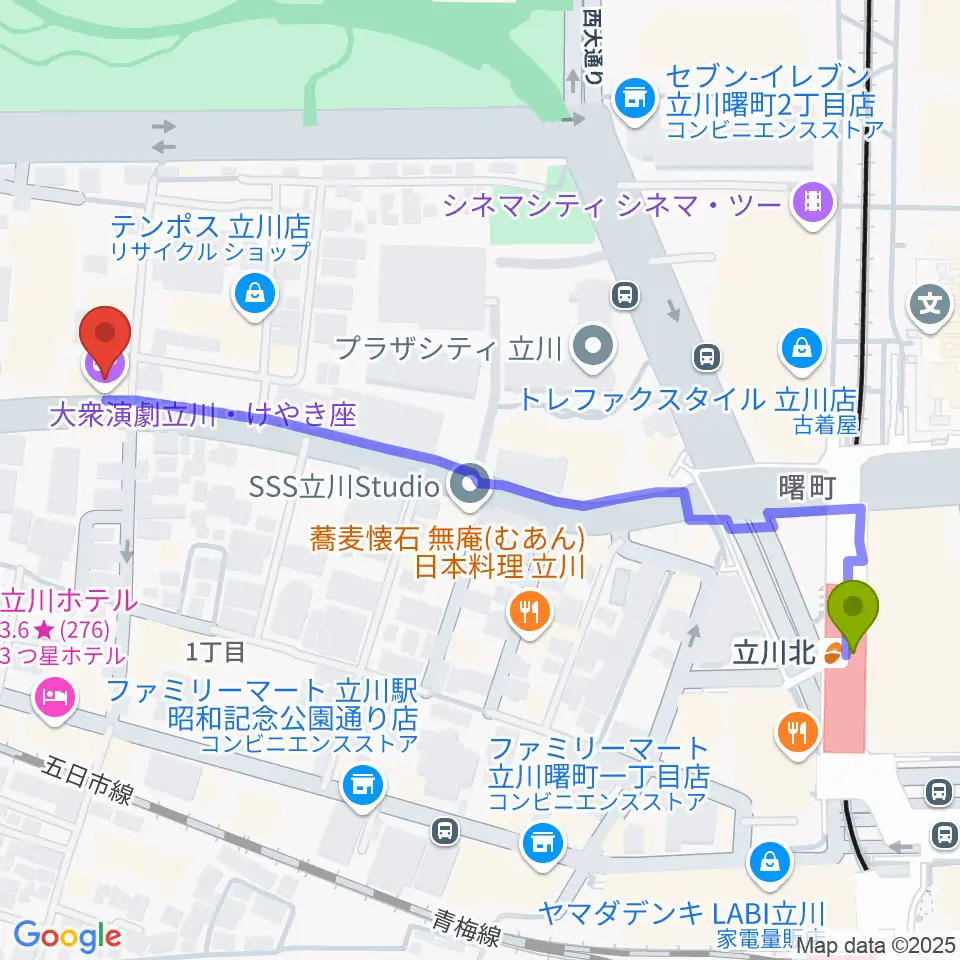 立川けやき座の最寄駅立川北駅からの徒歩ルート（約6分）地図