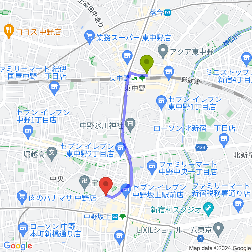 東中野駅からGold Rush Studioへのルートマップ地図