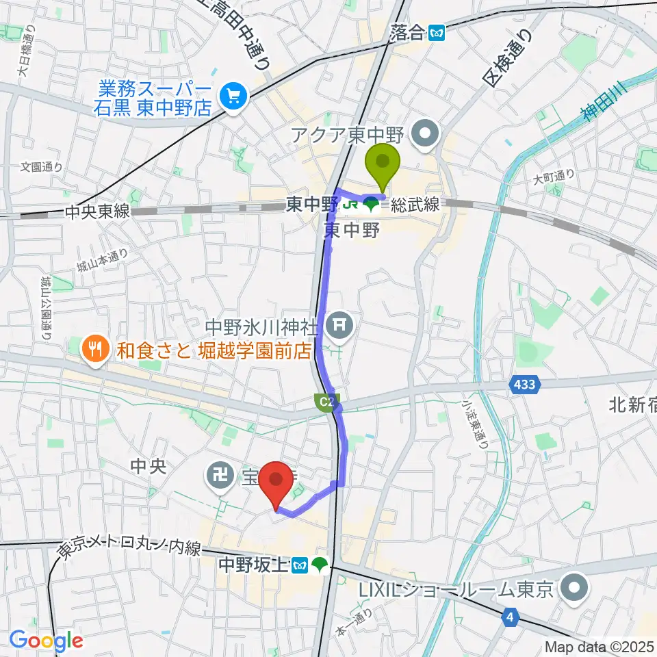 東中野駅からGold Rush Studioへのルートマップ地図