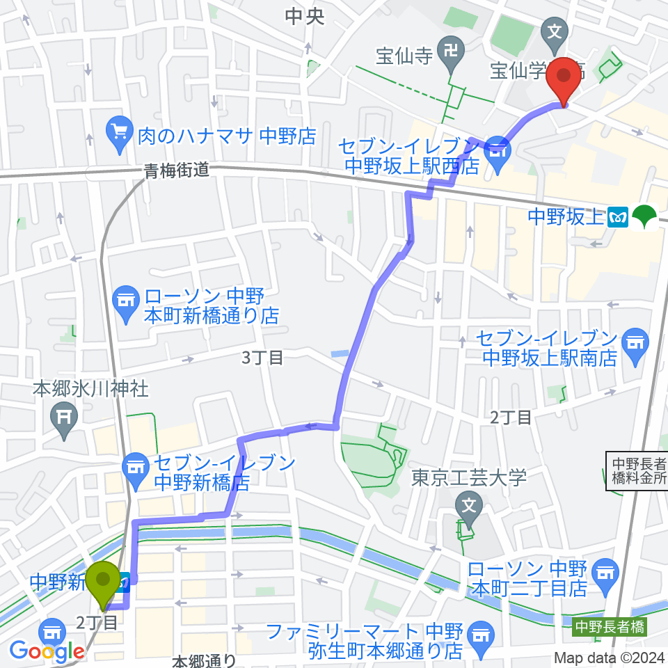 中野新橋駅からGold Rush Studioへのルートマップ地図