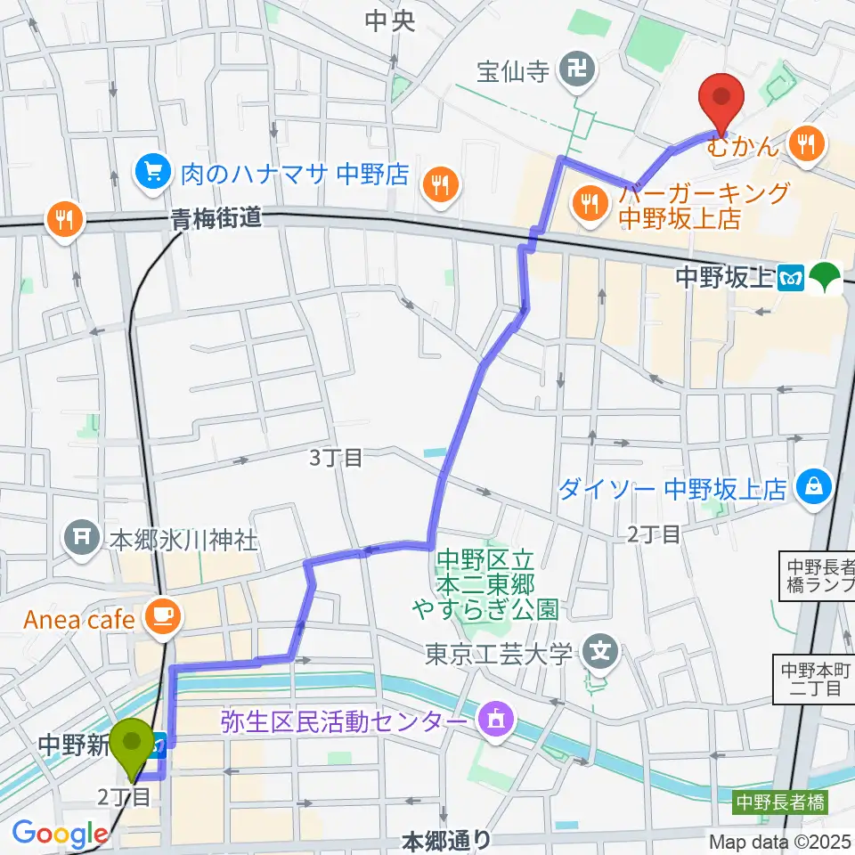中野新橋駅からGold Rush Studioへのルートマップ地図