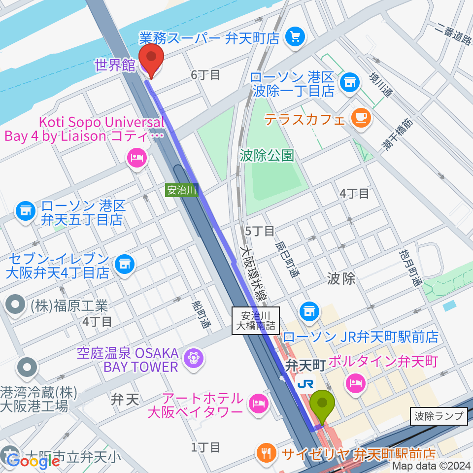 大阪弁天町 世界館の最寄駅弁天町駅からの徒歩ルート（約13分）地図