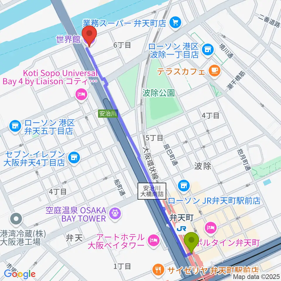 大阪弁天町 世界館の最寄駅弁天町駅からの徒歩ルート（約13分）地図