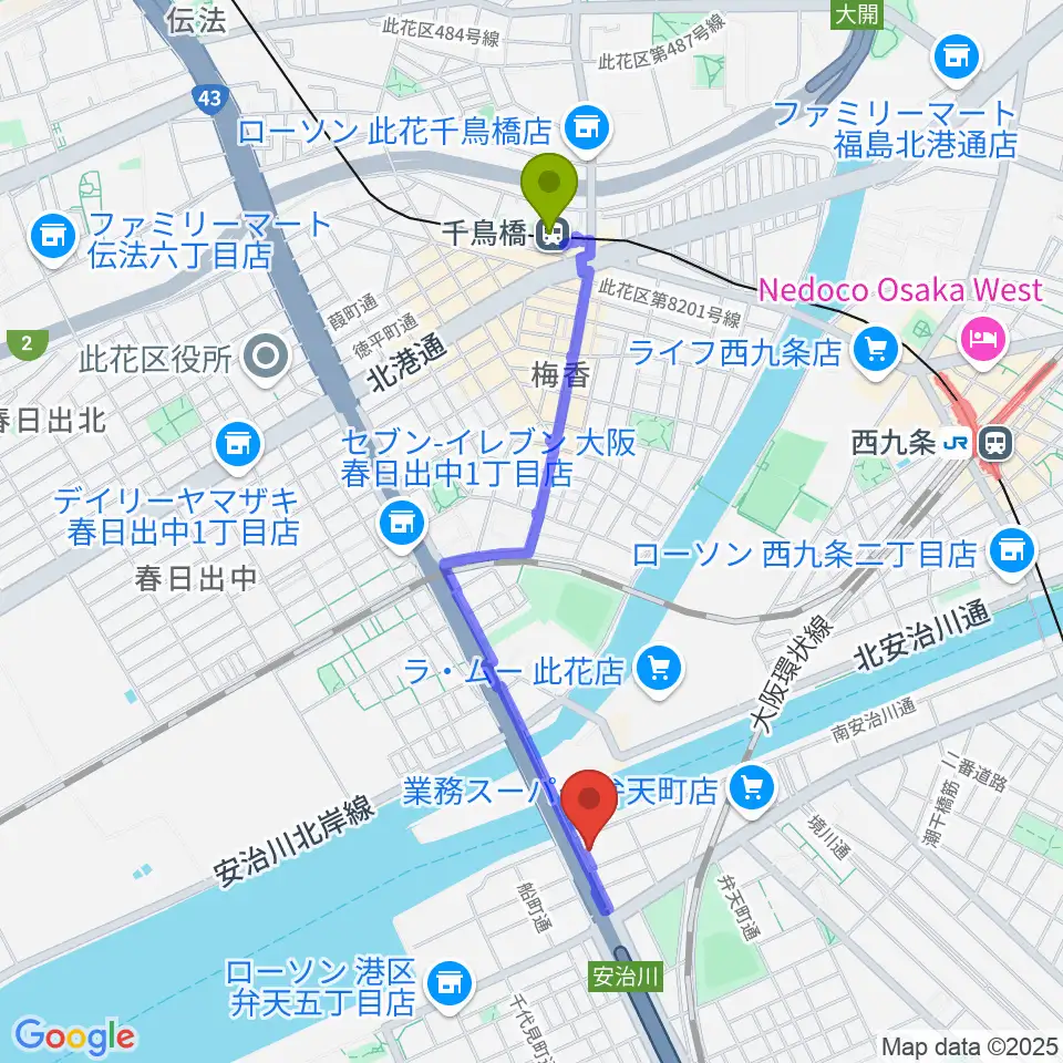 千鳥橋駅から大阪弁天町 世界館へのルートマップ地図