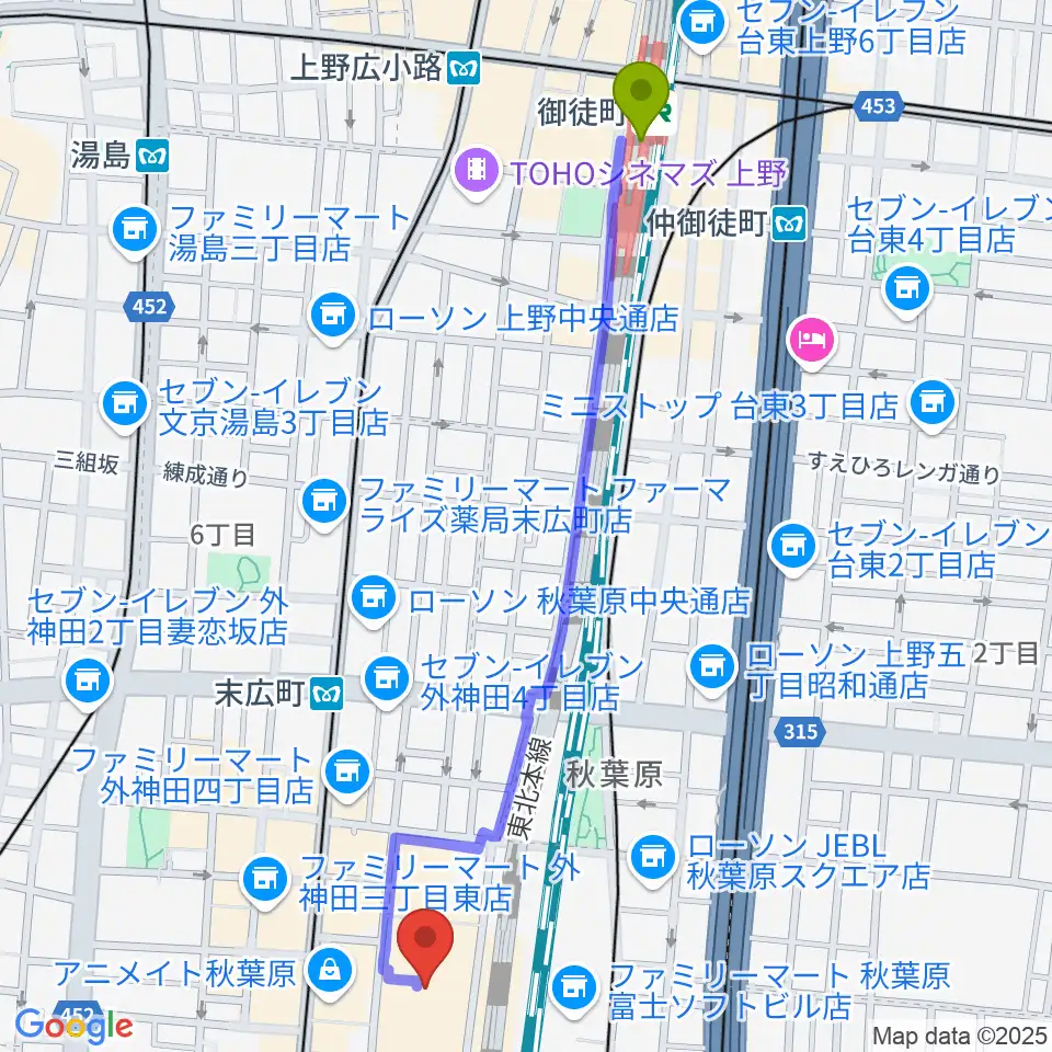 御徒町駅から秋葉原UDXシアターへのルートマップ地図