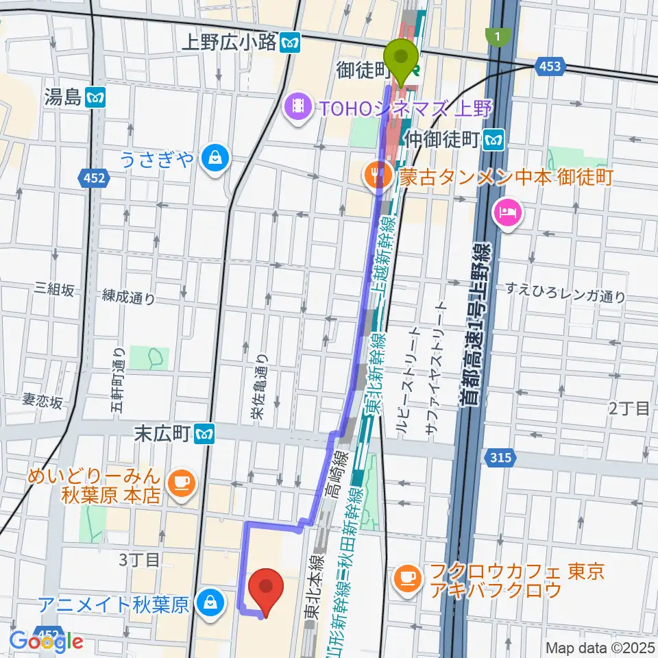 御徒町駅から秋葉原UDXシアターへのルートマップ地図