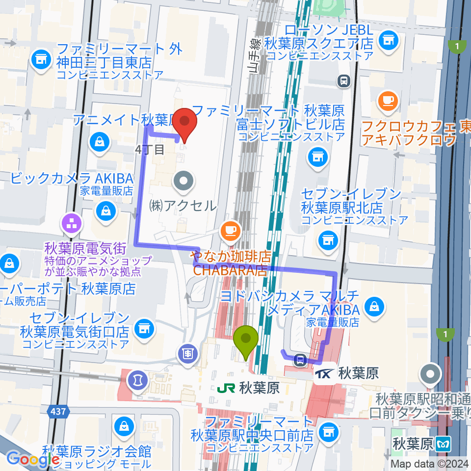 秋葉原UDXシアターの最寄駅秋葉原駅からの徒歩ルート（約4分）地図