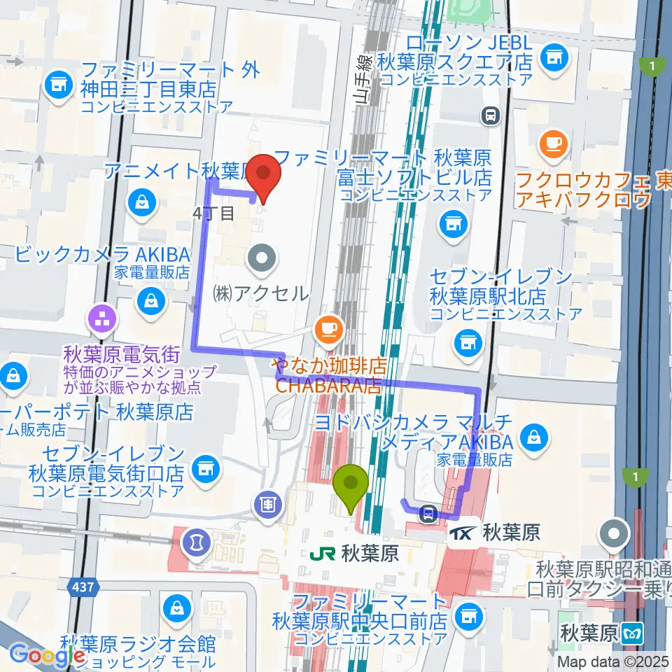 秋葉原UDXシアターの最寄駅秋葉原駅からの徒歩ルート（約4分）地図