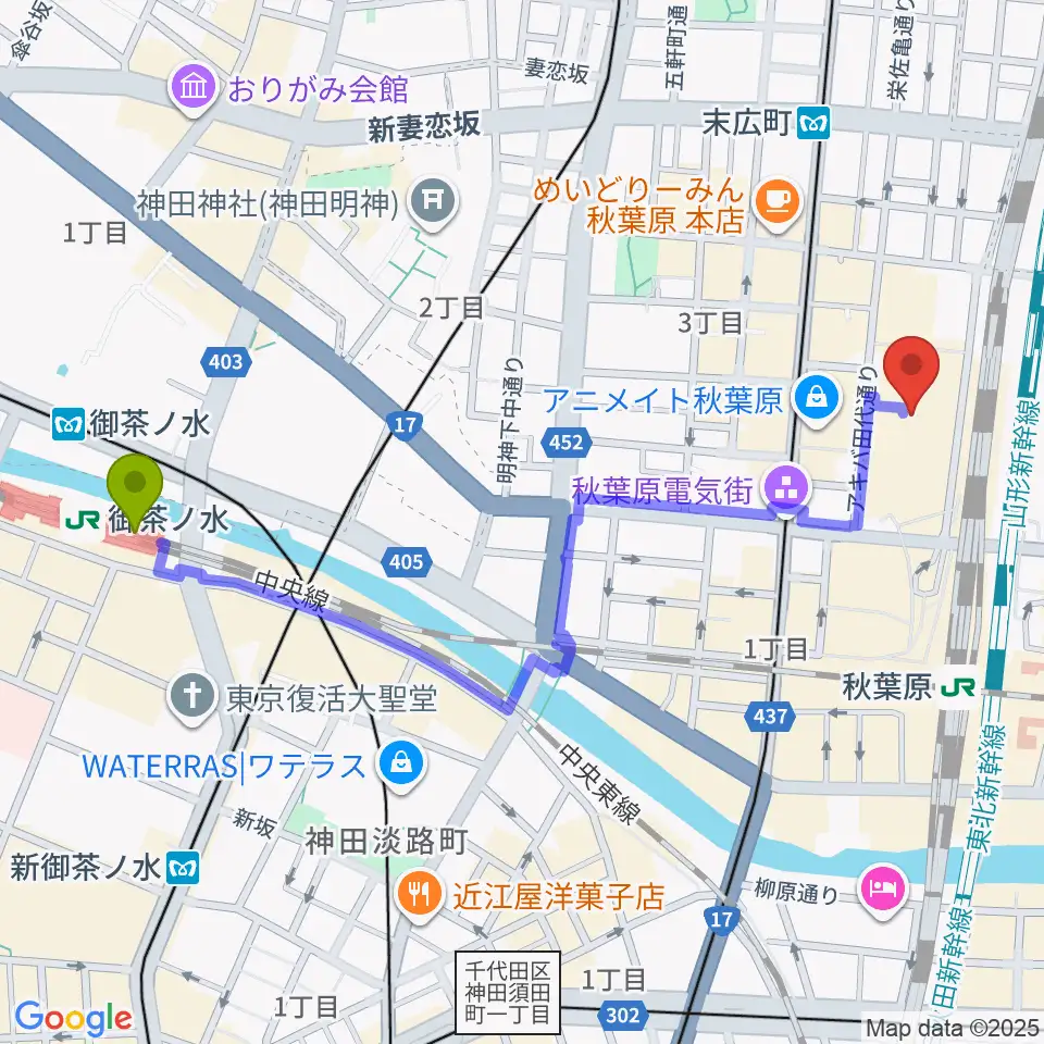御茶ノ水駅から秋葉原UDXシアターへのルートマップ地図