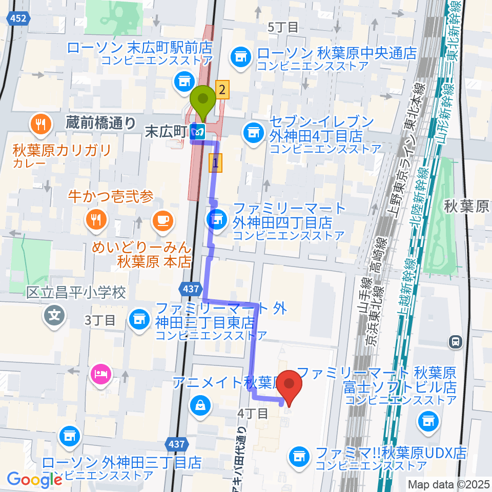 末広町駅から秋葉原UDXシアターへのルートマップ地図