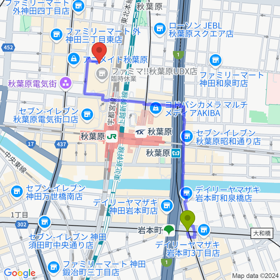 岩本町駅から秋葉原UDXシアターへのルートマップ地図