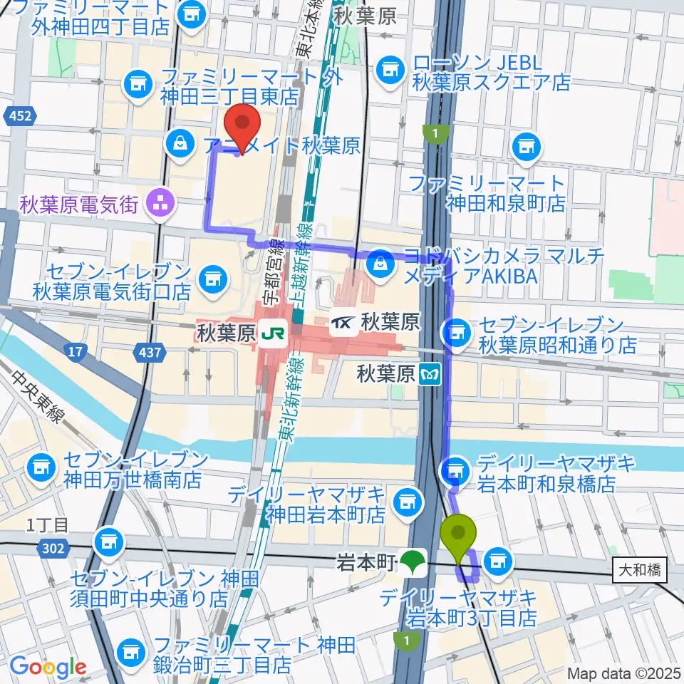 岩本町駅から秋葉原UDXシアターへのルートマップ地図