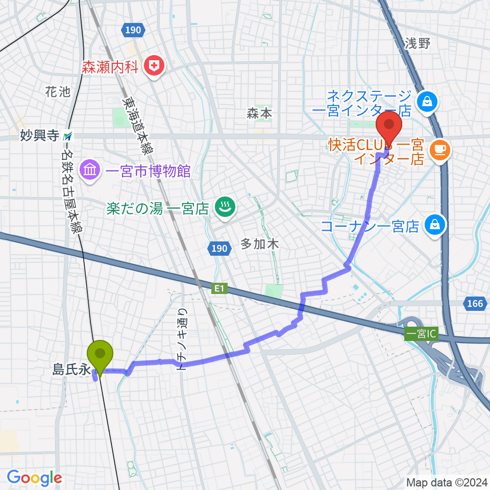 島氏永駅からアイプラザ一宮へのルートマップ地図