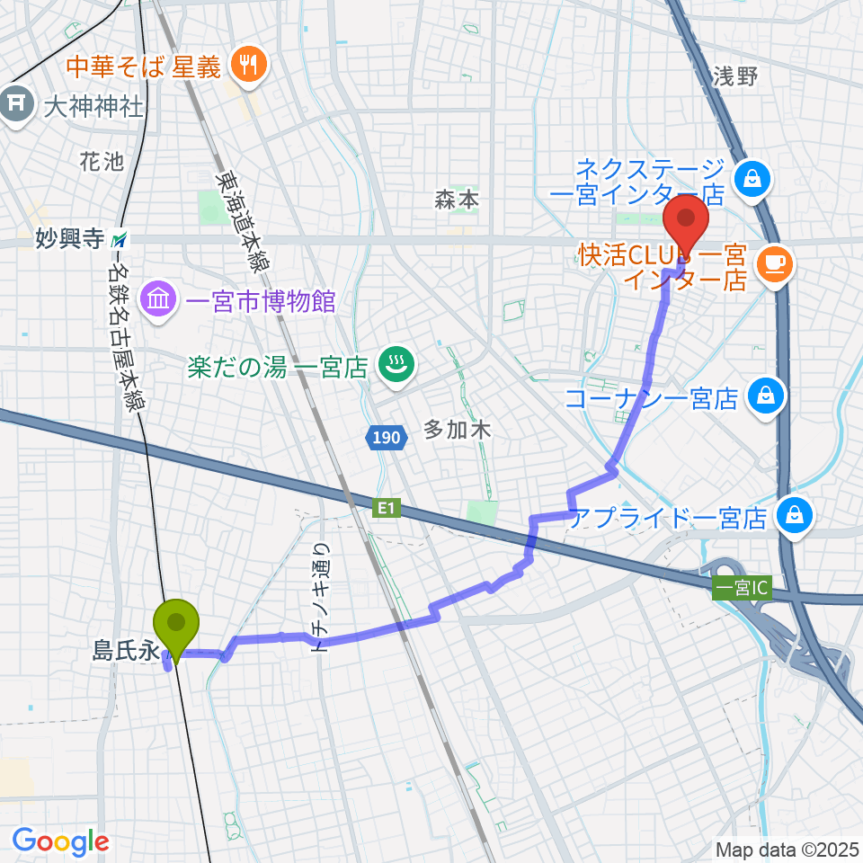 島氏永駅からアイプラザ一宮へのルートマップ地図