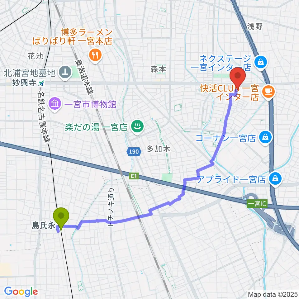 島氏永駅からアイプラザ一宮へのルートマップ地図