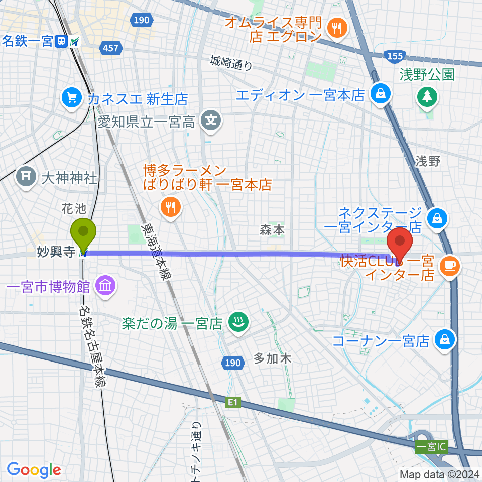 アイプラザ一宮の最寄駅妙興寺駅からの徒歩ルート（約41分）地図