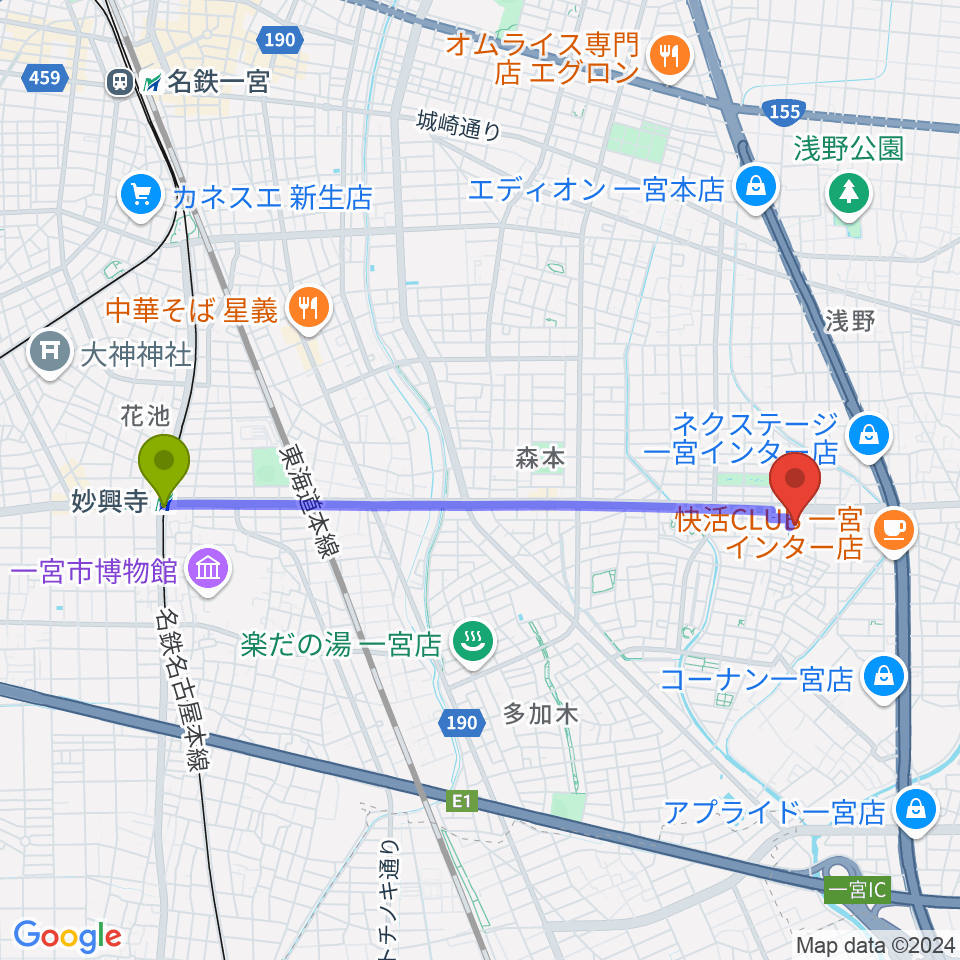 アイプラザ一宮の最寄駅妙興寺駅からの徒歩ルート（約41分）地図